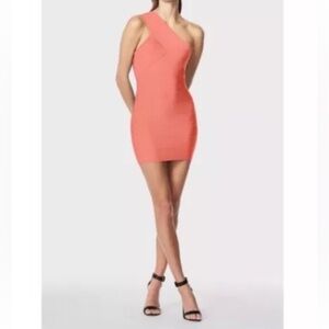 Herve Leger Paris Asymmetrical Mini Dress in Coral Peach Size M